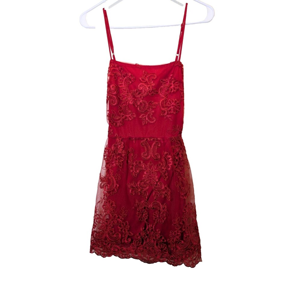 Lucy in the Sky  Mini Dress Red Mesh Tie Back Adjustable Straps Floral Small